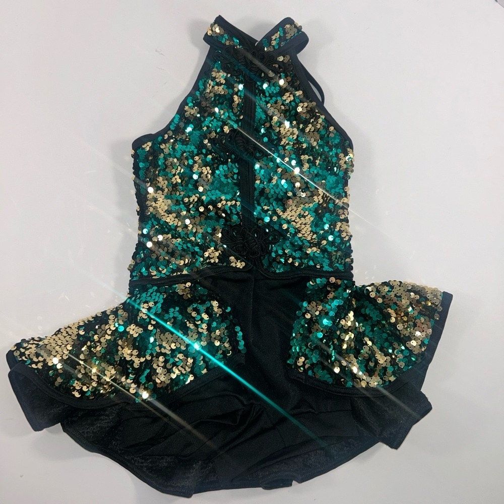 Girls‎ Dance Dress Costume Black Gold Teal Sequin Halter Neck Performance SZ 1C